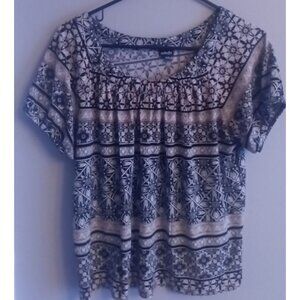 Rafaella Womens Petite M Pleated Neckline Blouse Geo Pattern Stretch